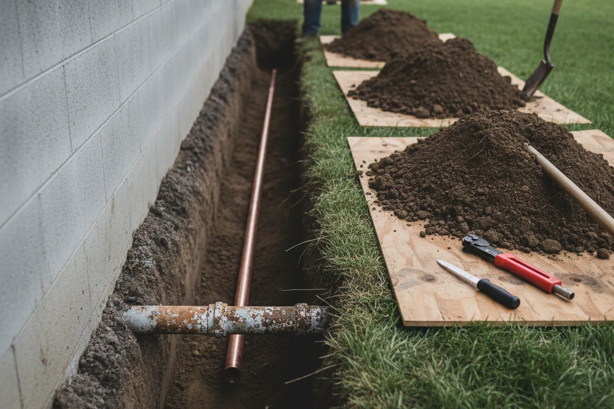 Excavated water line trench during Water Heater Repair in Denville